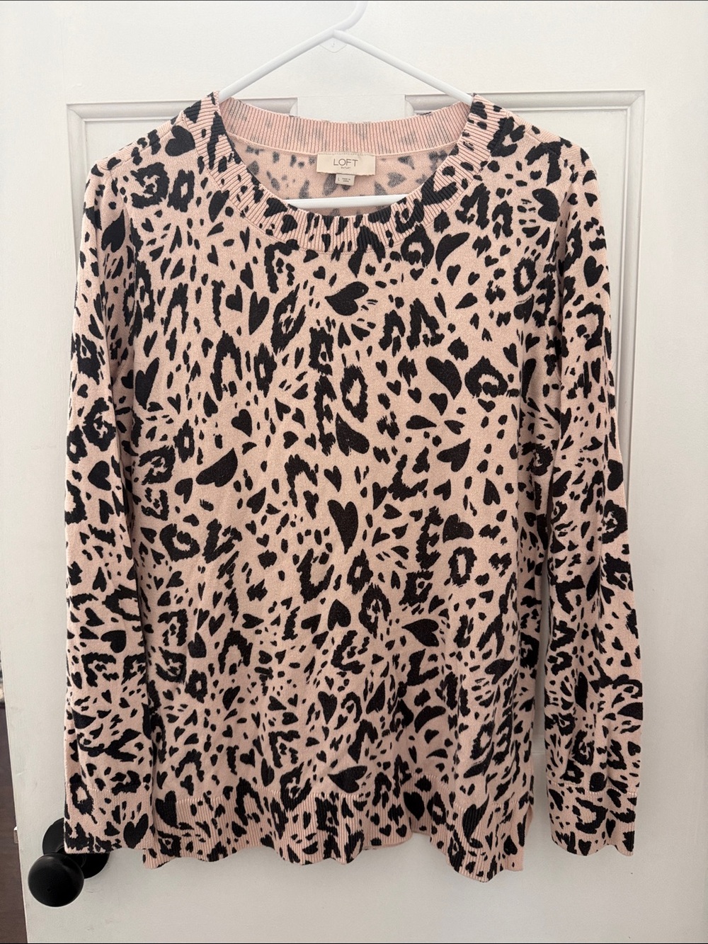 LOFT Pink and Black Leopard / Heart Print Crewneck Sweater